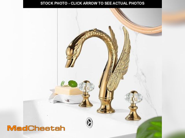 Lot 74-12441064 - Polished Gold Swan Shaped 3 Hole Lavatory Faucet With 2 Crystal Knobs - Deck Mount Bird Faucet - UNU...