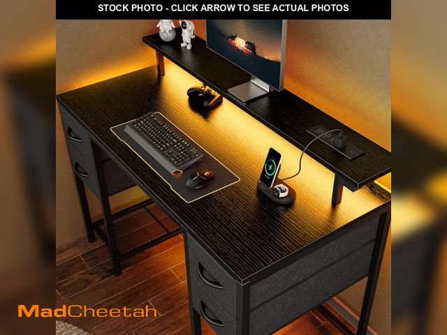 Lot 74-12164421 - Huuger 47 inch Computer Desk with 4 Drawers, Gaming Desk with LED Lights &amp; Power Outlets, Home O...