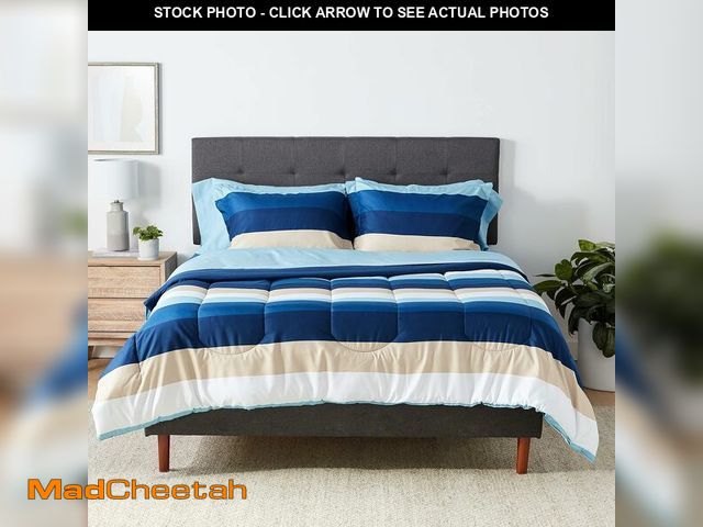 Lot 74-13563723 - Basics Full/Queen Comforter Set with Sheets, 7-Piece Blue Stripe Bedding, Lightweight Microfiber Bed...