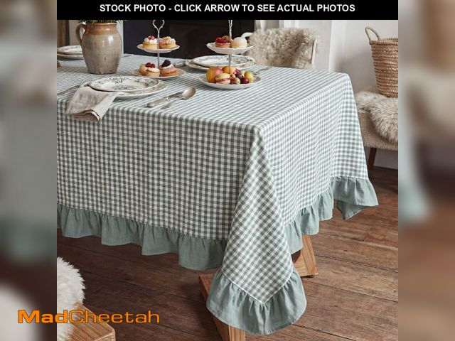 Lot 74-14209744 - HunnmingRe Sage Green Gingham Plaid Ruffled Tablecloth 84 x 60 Inches 100% Cotton Checkered Rectangl...