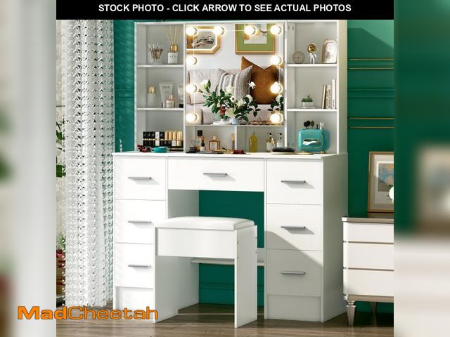 Lot 74-12321747 - Udekoo White Vanity Desk with Mirror and Lights, 3 Color and Brightness Adjustable Makeup Flip Mirro...