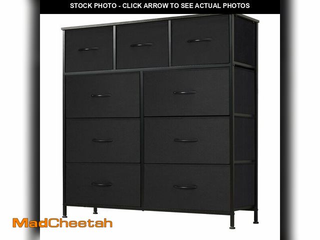 Lot 74-13070093 - DUMOS Dresser for Bedroom, Storage Organizer with 9 Drawers, Chest of Drawers with Fabric Bins, Stur...