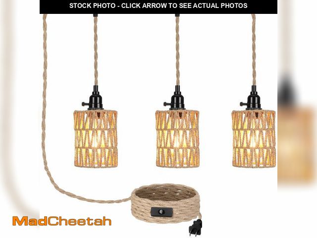 Lot 74-14152287 - Retisee 3 Lights Hanging Light with Plug in Cord Pendant Lamp 22 ft Hemp Rope Boho Rattan Lamp On/of...