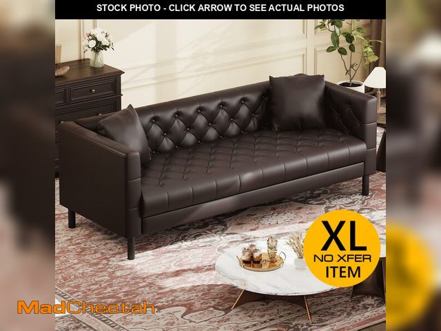 Lot 74-12614532 - 81" Mid-Century Modern Leather Sofa for Living Room, Chesterfield Sofa with Deep Seats and 2 Pillows...