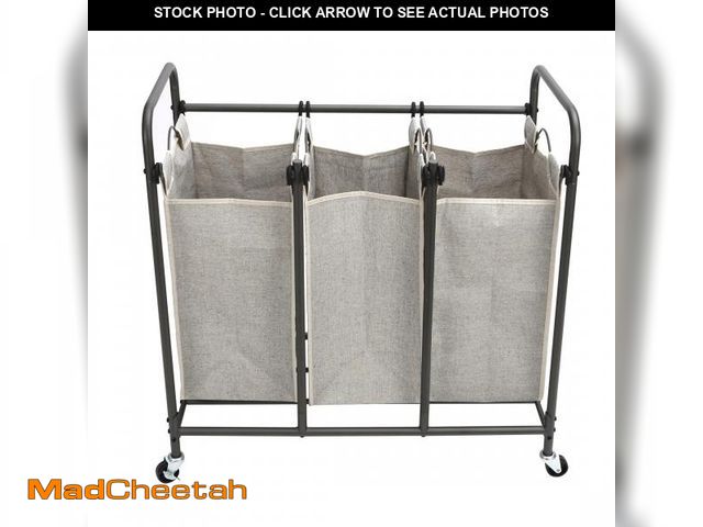 Lot 74-12526493 - (MISSING HARDWARE) Better Homes &amp; Gardens 3 Bag Laundry Sorter, Metal Rolling Cart with Grey Fab...