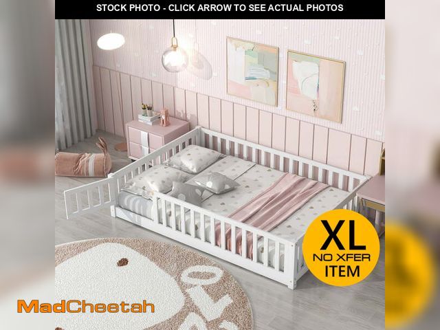 Lot 74-12668981 - UHOMEPRO Full Size Floor Bed with Door and Fence, Montessori Floor Bed with Slats and Safety Guardra...