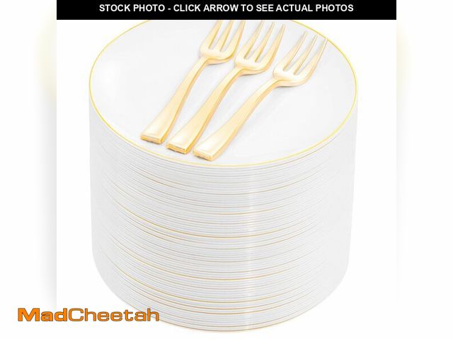 Lot 74-14047665 - Festiva 200Pcs Gold Dessert Plates 6.3" with Forks 5"- Small Disposable Dessert/Appetize/Cake Plates...