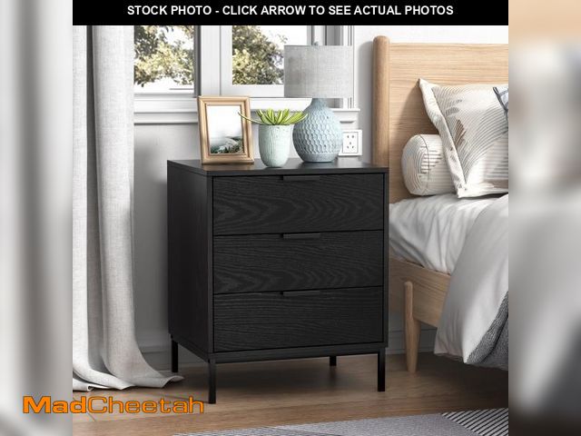 Lot 74-12420643 - Eumyviv Black Nightstand, Wood Beside Table with 3 Drawers Farmhouse Side Table for Bedroom Living R...