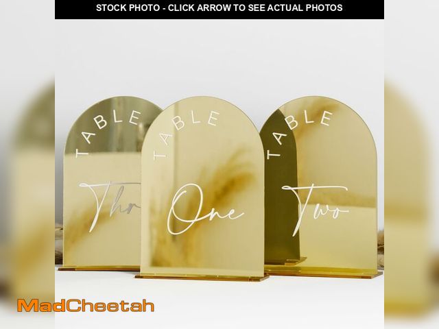 Lot 74-14267674 - Gold Mirror Arched Wedding Table Numbers 1-10 with Stands, 5x7 Inch Acrylic Arch Sign with Holder, G...