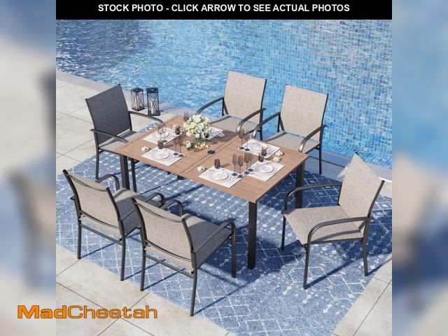 Lot 74-12375759 - Black 7-Piece Metal Outdoor Patio Dining Set with Wood Finish Rectangle Table and Brown Textilene Ch...