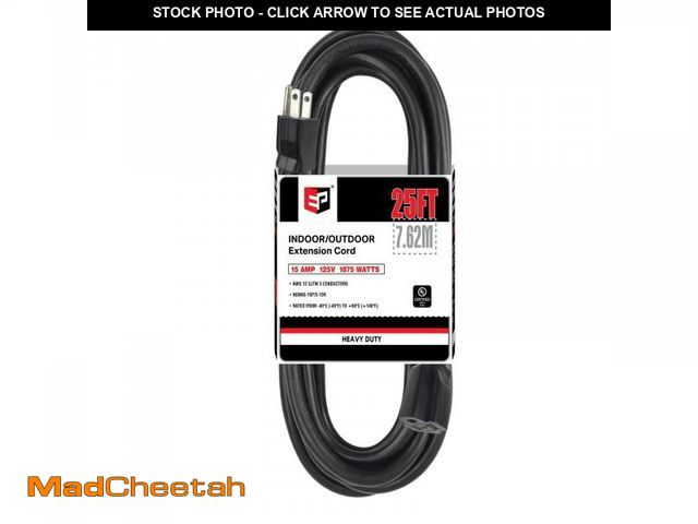 Lot 74-11549471 - EP 25 Ft Outdoor Extension Cord - 12/3 SJTW Heavy Duty Black Extension Cable with 3 Prong Grounded P...