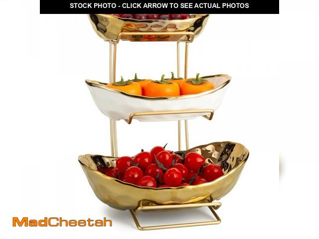 Lot 74-12315683 - YYW 3 Tier Fruit Bowl for Kitchen Counter, White Gold Ceramic Fruit Stand for Countertop, Home Fruit...
