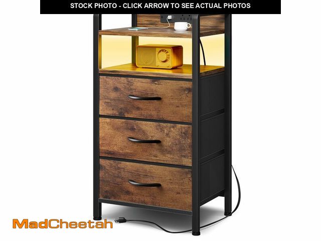 Lot 74-14596266 - Lazzanto Nightstand with Rear Charging Station, LED Light, 3 Drawers, Brown - UNUSED