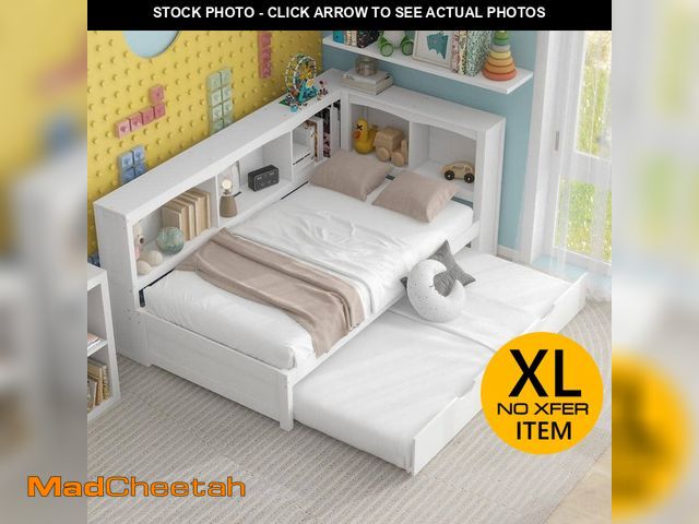 Lot 74-14085494 - Harper &amp; Bright Designs White Twin Size Wood Daybed with Trundle, 5 Open Cabinets and Charging S...