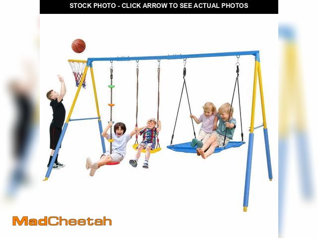 Lot 74-13815993 - 4 in 1 Swing Sets for Outside,kids Metal Swing Set with Saucer Swing,Climbing Rope,Basketball Hoop -...