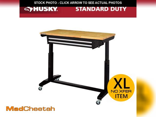 Lot 74-13611093 - Husky Tool Storage 46 in. W x 24 in. D 2-Drawer Adjustable Height Black Worktable with Solid Wood To...