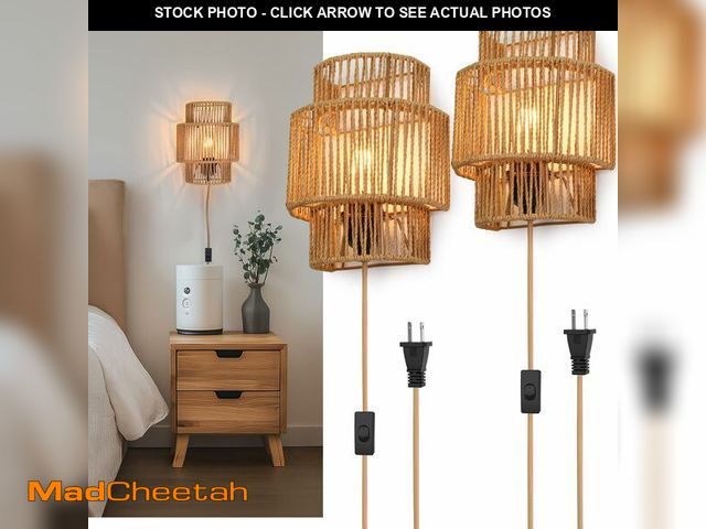 Lot 74-13539932 - AKEETO Plug-in Wall Sconces Set of 2, Handwoven Bohemian Wall Decor with Switch, Wall Lights Fixture...