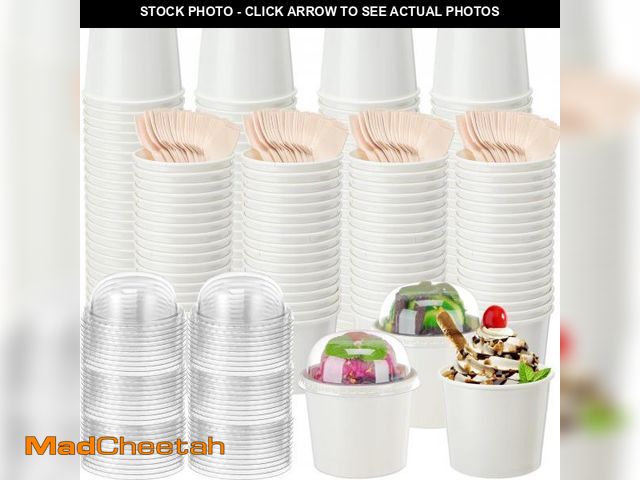 Lot 74-12310864 - Ninehaoou 100 Pack 6 oz Ice Cream Cups with Dome Lids No Hole and Spoons Bulk Disposable Paper Desse...