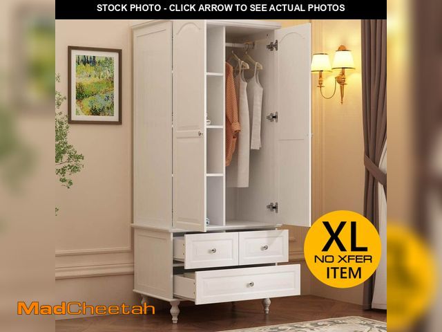 Lot 74-12638576 - FUFU&amp;GAGA White Paint Wood 2-Door Armoires with Hanging Rod, 3-Drawers, Adjustable Shelves 70.9 ...