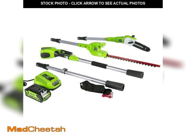 Lot 74-12339485 - Greenworks 20  40 Volt Battery Powered Pole Saw with Hedge Trimmer Attachment with 2.0 Ah Battery an...