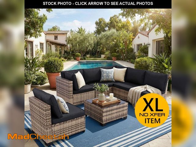 Lot 74-14306300 - JUSKYS Nature Haven Brown Wicker 7 Pieces Patio Conversation Set with Cushion-guard Black Color Cush...