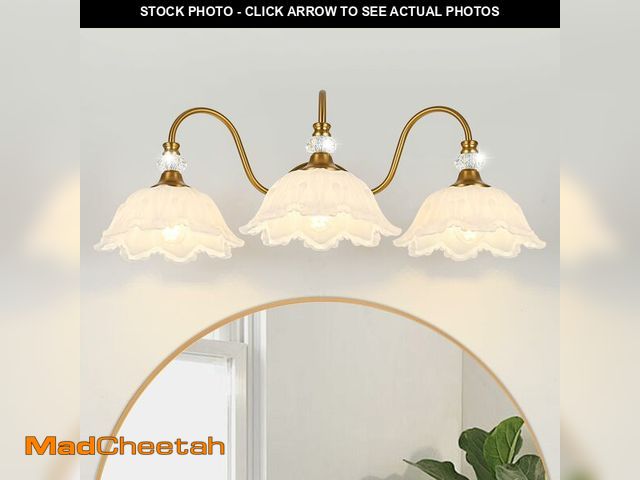Lot 74-13455618 - sunkryster Vintage Bathroom Vanity Light 3-Light Matte Brass Finish Vanity Light with Floral White G...