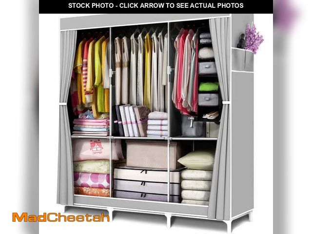 Lot 74-12668241 - Portable Closet Organizer and Storage with 3 Hanging Rods for Hanging Clothes, 6 Wardrobe Closet Sto...