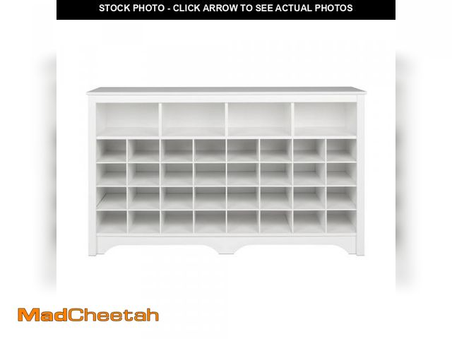Lot 74-12262953 - 60" Entryway Shoe Cubby Console White - Prepac: Freestanding MDF Storage Bench, Holds 32 Pairs - UNU...
