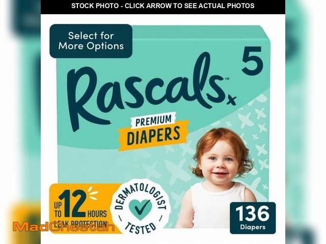 Lot 74-12527422 - Rascals Premium Absorbent Baby Diapers Size 5, 136 Count - UNUSED