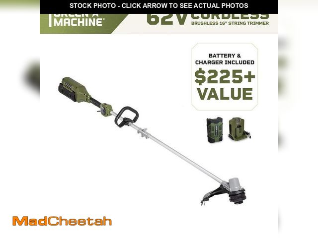 Lot 74-12548070 - Green Machine 62V Cordless Battery 16" String Trimmer Cut Swath Brushless Motor with quick reload sp...