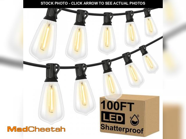 Lot 74-12304443 - Brightever LED Outdoor String Lights 100FT Patio Lights with 52 Shatterproof ST38 Vintage Edison Bul...