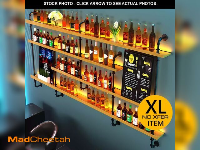 Lot 74-12658605 - Wall-Mounted Wine Rack with LED Lights 4-Tier Wooden Floating Bar Shelves Creative Large Wine Bottle...