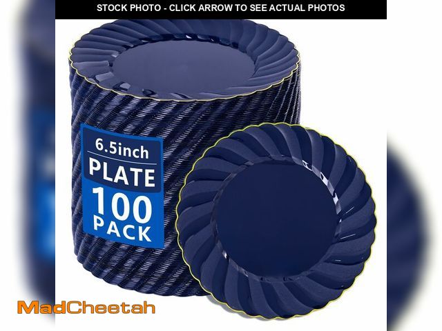 Lot 74-14215610 - YOUBET 100 Pack Blue Scalloped Plastic Plates - 6.5 Inch Navy Blue Disposable Plates - High End Eleg...