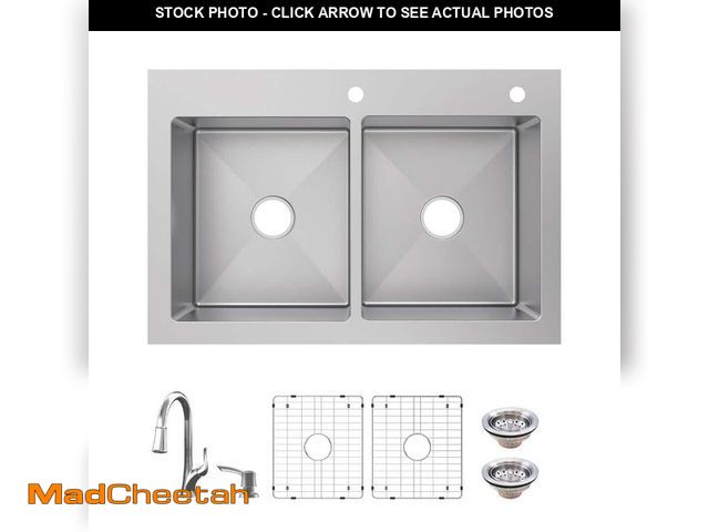 Lot 74-12642221 - Glacier Bay Dolancourt Tight Radius 33 in. Drop-In 50/50 Double Bowl 18 Gauge Stainless Steel Kitche...