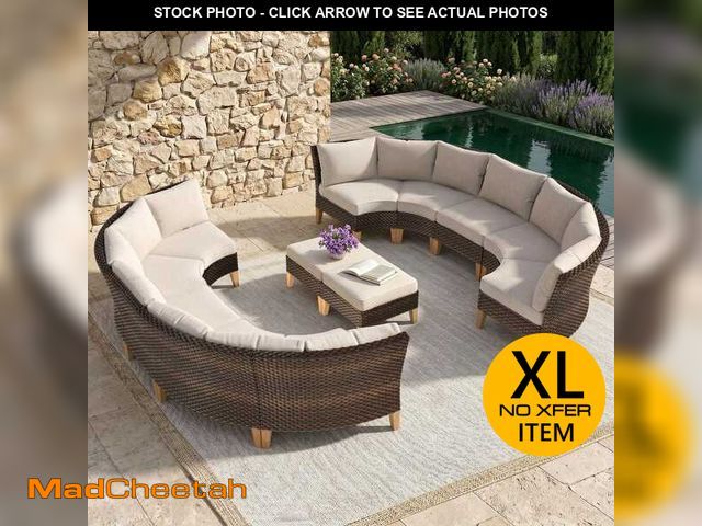 Lot 74-14242521 - PHI VILLA Brown Rattan Wicker 12 Seat 12-Piece Steel Patio Outdoor Sectional Set with Beige Cushions...
