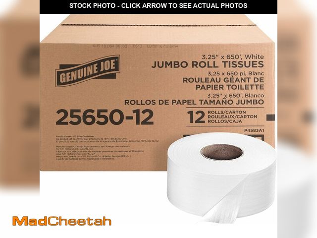 Lot 74-14068087 - Genuine Joe Jumbo Roll Bath Tissue - 2-Ply White Toilet Paper, 3.3" x 650' per Roll, 12 Count Bulk P...
