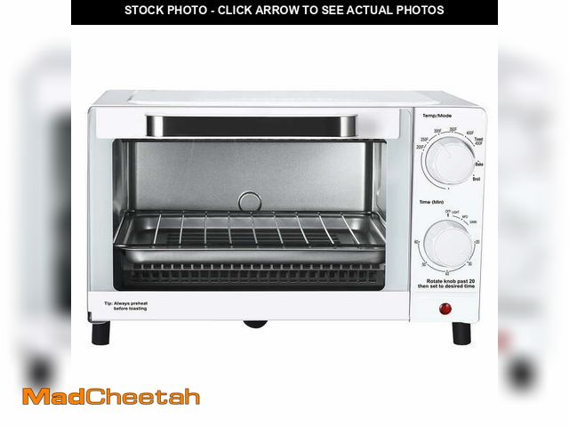 Lot 74-12857733 - Mainstays 4 Slice Countertop Toaster Oven with 3 Settings, includes baking rack and pan, Arctic Whit...