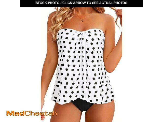 Lot 74-14053497 - Tempt Me White Polka Dot Two Piece Tankini Bathing Suits for Women Halter Bandeau Swim Top with Bott...