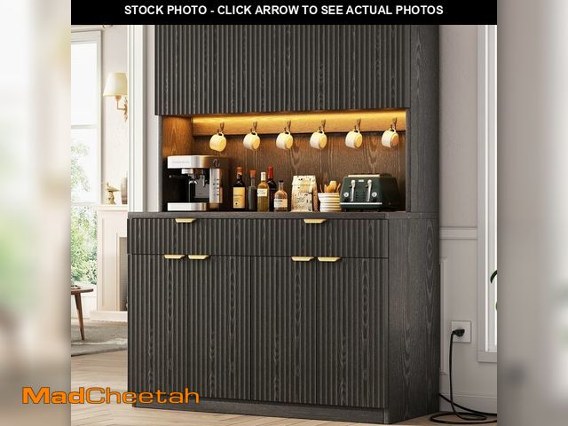 Lot 74-13119874 - Fluted Kitchen Pantry Storage Cabinet with Charging Station/LED Light/Drawer/Doors/Shelves, 71'' Tal...