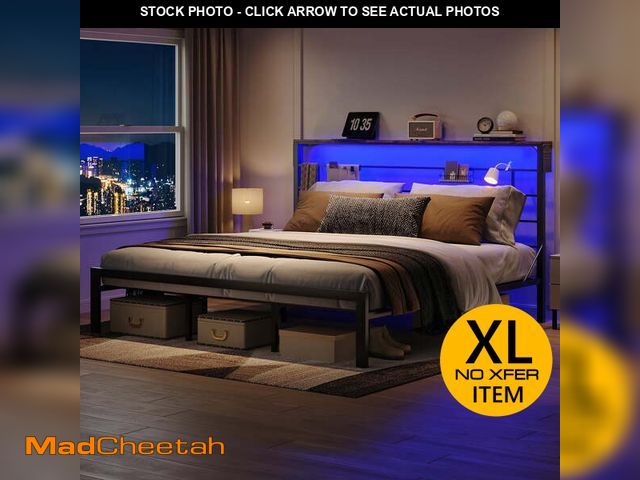 Lot 74-12802434 - Bestier King Size Bed Frame with 49.2" High LED Storage Headboard Shelf, Metal Platform Bed, Black -...