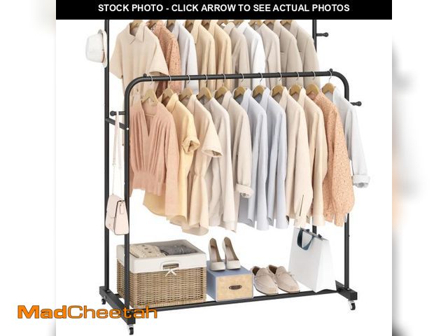 Lot 74-12387144 - Laiensia Double Rods Garment Rack with Wheels, Clothing Rack for Hanging Clothes,4 Hooks, Multi-func...