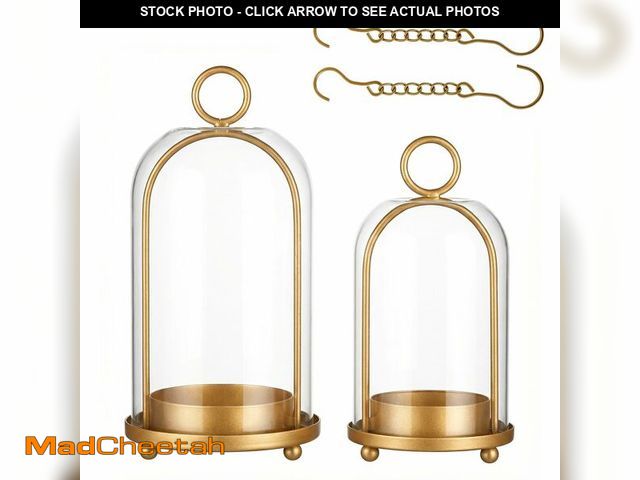 Lot 74-14148090 - GYKLE Set of 2 Candle Lantern Set - Vintage Brass Candle Holders with Thick Glass Domes (5.25"x10" &...