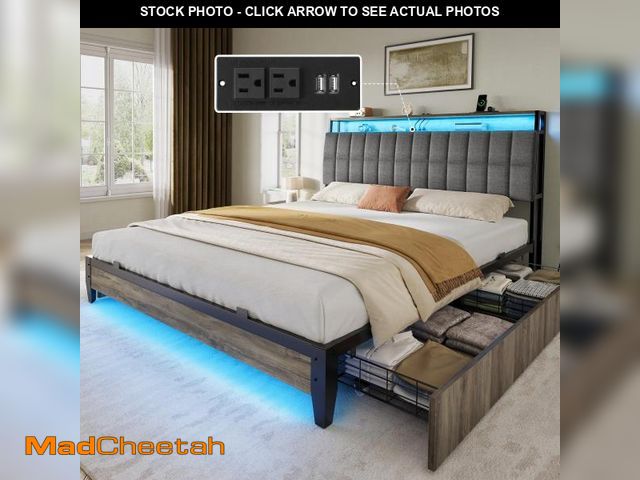 Lot 74-12243713 - YITAHOME Full Size Bed Frame with RGB LED Lights and 4 Drawers, Upholstered Platform Bed with Chargi...