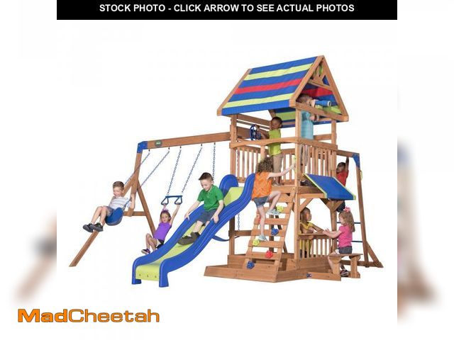 Lot 74-12538871 - Backyard Discovery Beach Front Cedar Wood Swing Set with Wave Slide, Play Deck, Monkey Bars, Rock Wa...