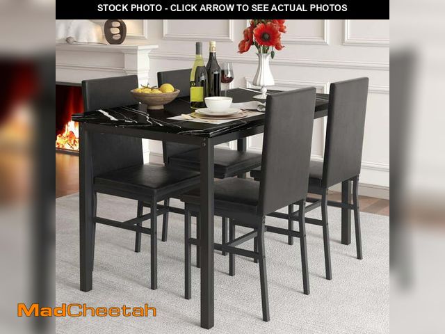 Lot 74-13030913 - 5 Piece Dining Table Set, Modern Faux Marble Tabletop and 4 PU Leather Upholstered Chairs, Rectangle...