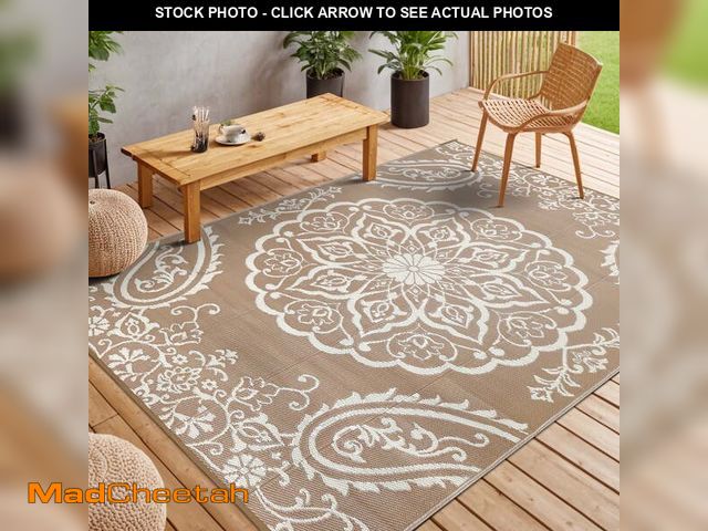 Lot 74-12766673 - MeyJey Outdoor Rug, 8'x10' Reversible Waterproof Area Rug, Plastic Mat for RV Patio Camping, Brown -...