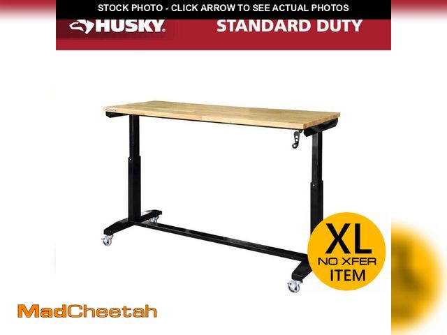 Lot 74-12798266 - Husky 62 in. W x 24 in. D Adjustable Height Black Workbench Table with Solid Wood Top - UNUSED