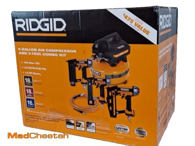 Lot 74-12495561 - Ridgid 6 Gal 150 PSI Air Compressor With Brad Nailer, Finish Nailer &amp; Stapler - UNUSED