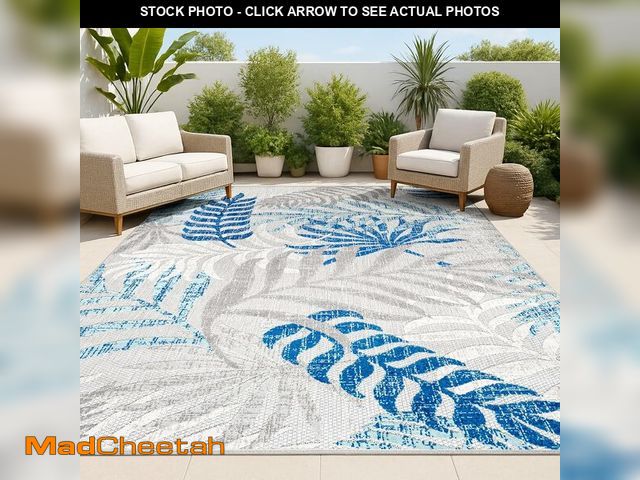 Lot 74-14304992 - JONATHAN Y Tropics Palm Leaves Indoor Outdoor Area Rug 5X8 Gray/Blue, Boho for Backyard, Patio, Porc...