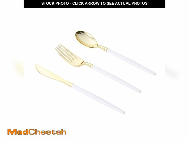 Lot 74-14048345 - Goodluck 150 PCS White Gold Plastic Silverware Set for 50 Guests,50 Knives, 50 Forks and 50 Spoons, ...